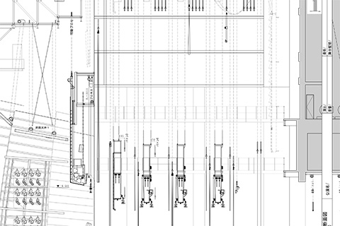 大ホール 断面図 幕 1：100（バトンピッチ入）